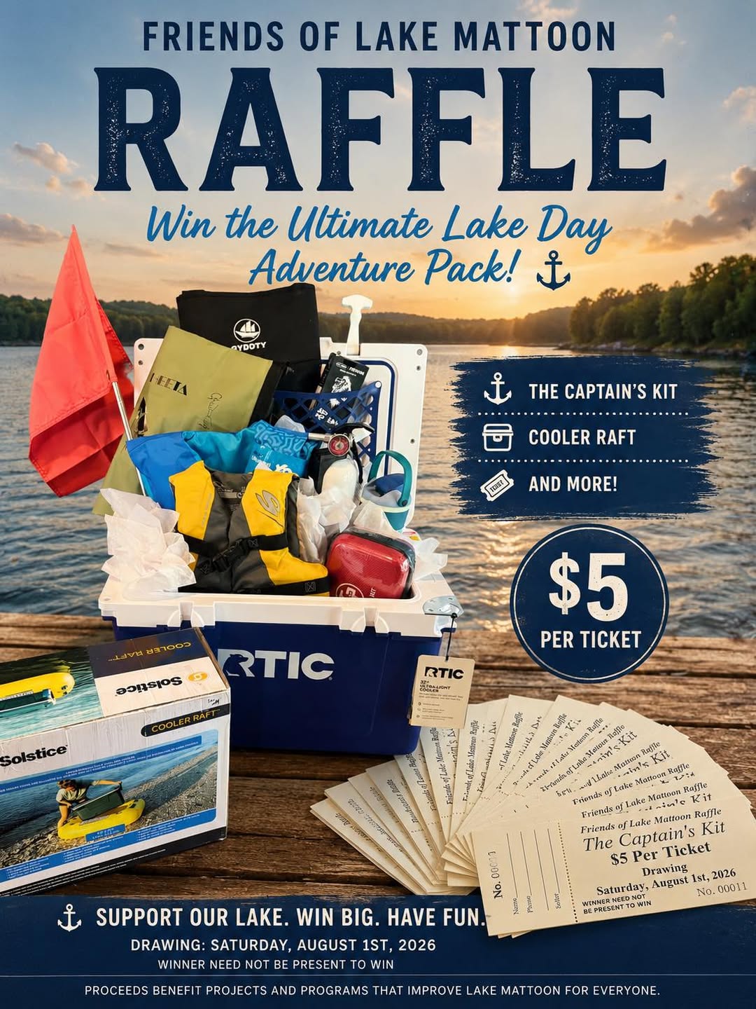 Captain's Kit raffle prize basket — cooler, dry bag, raft, and boating gear