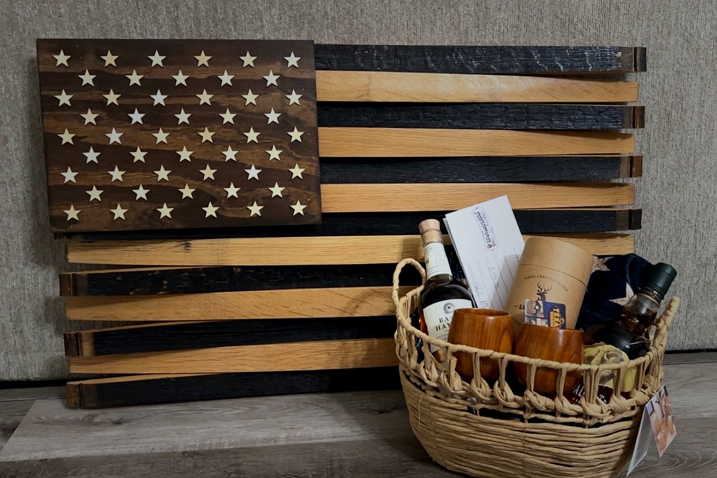 Red White and Bourbon raffle prize — hand-crafted bourbon barrel American flag with prize basket